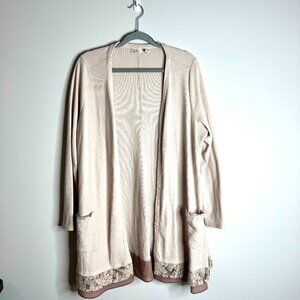 LOGO by Lori Goldstein Tan Waffle Knit Thermal Open Cardigan Lace-Trimmed Sz 1X